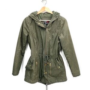 Red Snap Army Green Zip Up hooded Cargo Utility Jacket Coat Size Small